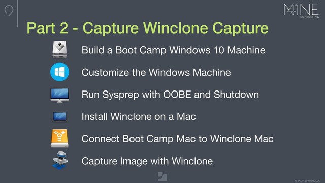 © JAMF Software, LLC
Part 2 - Capture Winclone Capture
Build a Boot Camp Windows 10 Machine
Customize the Windows Machine
Run Sysprep with OOBE and Shutdown
Capture Image with Winclone
Install Winclone on a Mac
Connect Boot Camp Mac to Winclone Mac

