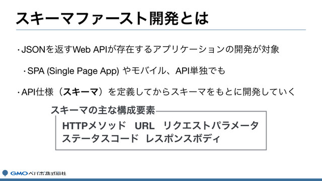 εΩʔϚϑΝʔετ։ൃͱ͸
wJSONΛฦ͢Web API͕ଘࡏ͢ΔΞϓϦέʔγϣϯͷ։ൃ͕ର৅
wSPA (Single Page App)΍ϞόΠϧɺAPI୯ಠͰ΋
wAPI࢓༷ʢεΩʔϚʣΛఆ͔ٛͯ͠ΒεΩʔϚΛ΋ͱʹ։ൃ͍ͯ͘͠
εΩʔϚͷओͳߏ੒ཁૉ
URL
HTTPϝιου ϦΫΤετύϥϝʔλ
εςʔλείʔυ ϨεϙϯεϘσΟ
