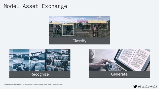 Model Asset Exchange
Classify
Generate
Recognize
Center for Open-Source Data & AI Technologies (CODAIT) / May 8, 2019 / © 2019 IBM Corporation
@BradleyHolt
