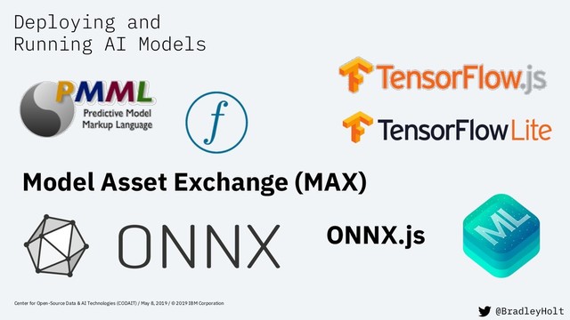 Deploying and
Running AI Models
Center for Open-Source Data & AI Technologies (CODAIT) / May 8, 2019 / © 2019 IBM Corporation
ONNX.js
Model Asset Exchange (MAX)
@BradleyHolt
