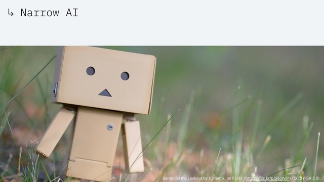 ↳ Narrow AI
Danbo on the Lookout by IQRemix, on Flickr  (CC BY-SA 2.0).
