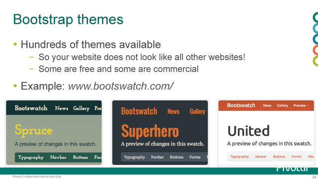 24
Pivotal Confidential–Internal Use Only
Bootstrap themes
  Hundreds of themes available
–  So your website does not look like all other websites!
–  Some are free and some are commercial
  Example: www.bootswatch.com/
