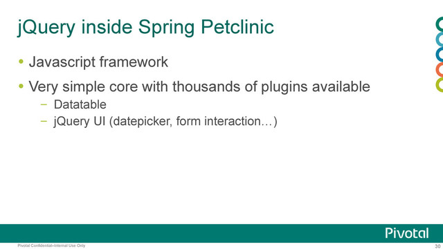 30
Pivotal Confidential–Internal Use Only
jQuery inside Spring Petclinic
  Javascript framework
  Very simple core with thousands of plugins available
–  Datatable
–  jQuery UI (datepicker, form interaction…)
