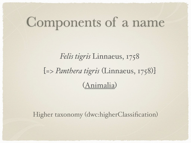 Components of a name
Felis tigris Linnaeus, 1758
[=> Panthera tigris (Linnaeus, 1758)]
(Animalia)
Higher taxonomy (dwc:higherClassiﬁcation)
