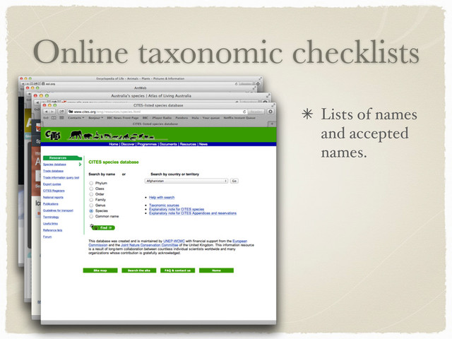 Online taxonomic checklists
Lists of names
and accepted
names.
