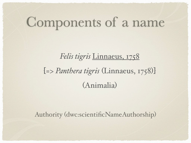 Components of a name
Felis tigris Linnaeus, 1758
[=> Panthera tigris (Linnaeus, 1758)]
(Animalia)
Authority (dwc:scientiﬁcNameAuthorship)
