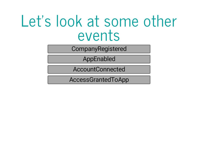 Let's look at some other
events
CompanyRegistered
AppEnabled
AccountConnected
AccessGrantedToApp
