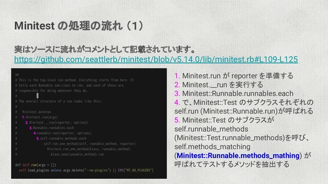 Minitest の処理の流れ （１）
実はソースに流れがコメントとして記載されています。
https://github.com/seattlerb/minitest/blob/v5.14.0/lib/minitest.rb#L109-L125
1. Minitest.run が reporter を準備する
2. Minitest.__run を実行する
3. Minitest::Runnable.runnables.each
4. で、Minitest::Test のサブクラスそれぞれの
self.run (Minitest::Runnable.run)が呼ばれる
5. Minitest::Test のサブクラスが
self.runnable_methods
(Minitest::Test.runnable_methods)を呼び、
self.methods_matching
(Minitest::Runnable.methods_mathing) が
呼ばれてテストするメソッドを抽出する
1.
2.
3.
4.
5.
