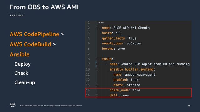 © 2023, Amazon Web Services, Inc. or its affiliates. All rights reserved. Amazon Confidential and Trademark.
From OBS to AWS AMI
AWS CodePipeline >
AWS CodeBuild >
Ansible
Deploy
Check
Clean-up
T E S T I N G
18
