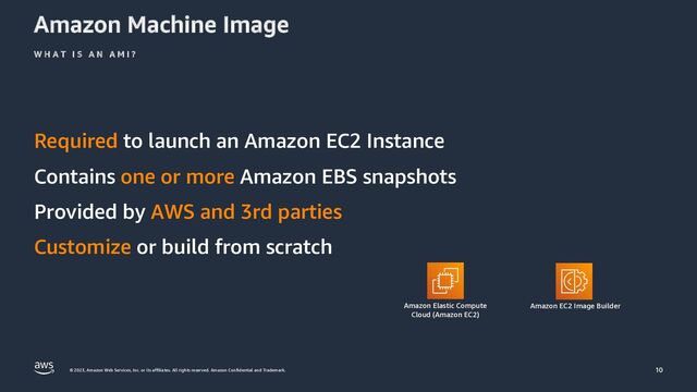 © 2023, Amazon Web Services, Inc. or its affiliates. All rights reserved. Amazon Confidential and Trademark.
Amazon Machine Image
Required to launch an Amazon EC2 Instance
Contains one or more Amazon EBS snapshots
Provided by AWS and 3rd parties
Customize or build from scratch
W H A T I S A N A M I ?
10
Amazon EC2 Image Builder
Amazon Elastic Compute
Cloud (Amazon EC2)

