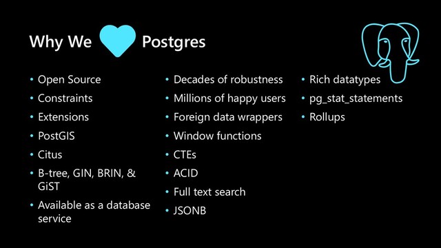 Why We Postgres
• Open Source
• Constraints
• Extensions
• PostGIS
• Citus
• B-tree, GIN, BRIN, &
GiST
• Available as a database
service
• Decades of robustness
• Millions of happy users
• Foreign data wrappers
• Window functions
• CTEs
• ACID
• Full text search
• JSONB
• Rich datatypes
• pg_stat_statements
• Rollups
