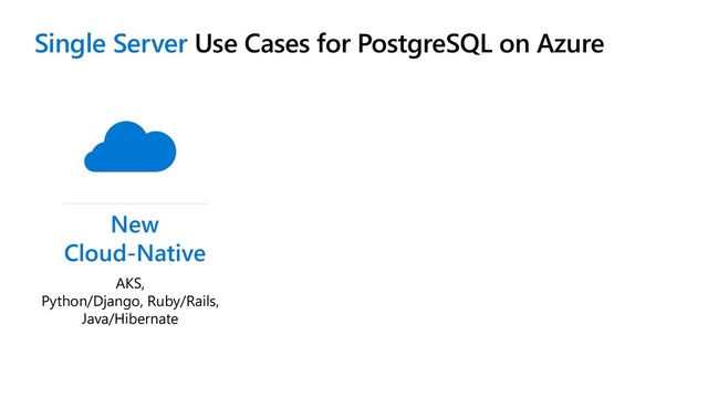 Single Server Use Cases for PostgreSQL on Azure
Digital transformations & data estate modernization
AKS,
Python/Django, Ruby/Rails,
Java/Hibernate
New
Cloud-Native
