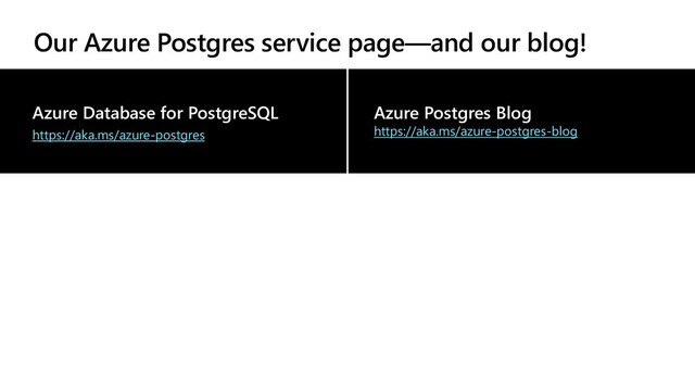 Our Azure Postgres service page—and our blog!
Azure Database for PostgreSQL
https://aka.ms/azure-postgres
Azure Postgres Blog
https://aka.ms/azure-postgres-blog
