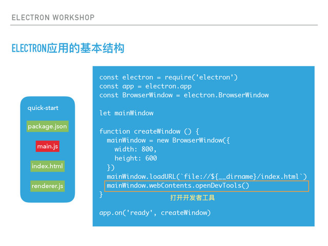 ELECTRON WORKSHOP
ELECTRONଫአጱच๜ᕮ຅
quick-start
package.json
main.js
index.html
renderer.js
const electron = require('electron')
const app = electron.app
const BrowserWindow = electron.BrowserWindow
let mainWindow
function createWindow () {
mainWindow = new BrowserWindow({
width: 800,
height: 600
})
mainWindow.loadURL(`file://${__dirname}/index.html`)
mainWindow.webContents.openDevTools()
}
app.on('ready', createWindow)
಑୏୏ݎᘏૡٍ
