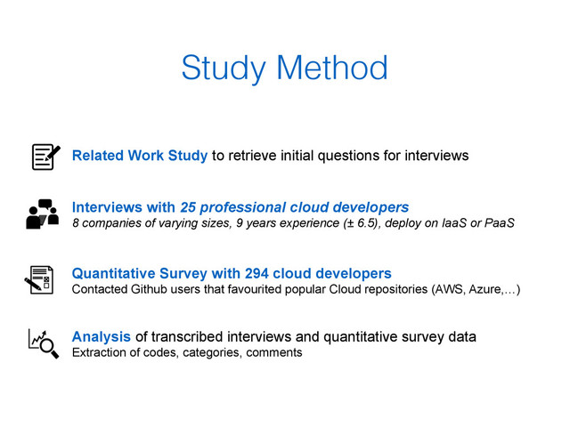 Study Method
Related Work Study to retrieve initial questions for interviews
 
Interviews with 25 professional cloud developers 
8 companies of varying sizes, 9 years experience (± 6.5), deploy on IaaS or PaaS
Quantitative Survey with 294 cloud developers
Contacted Github users that favourited popular Cloud repositories (AWS, Azure,…) 
Analysis of transcribed interviews and quantitative survey data
Extraction of codes, categories, comments
