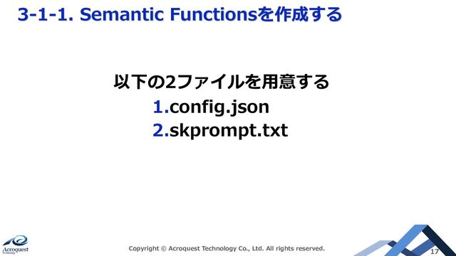 3-1-1. Semantic Functionsを作成する
Copyright © Acroquest Technology Co., Ltd. All rights reserved. 17
1.config.json
2.skprompt.txt
以下の2ファイルを用意する
