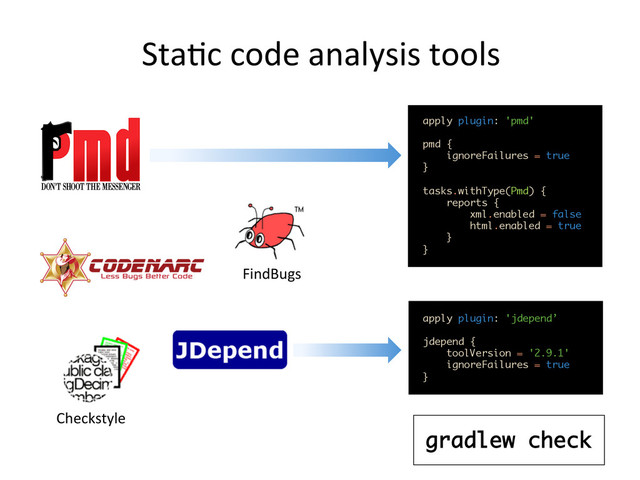 Sta,c	  code	  analysis	  tools	  
Checkstyle	  
FindBugs	  
apply plugin: 'pmd' 
 
pmd { 
ignoreFailures = true 
} 
 
tasks.withType(Pmd) { 
reports { 
xml.enabled = false 
html.enabled = true 
} 
}	  
apply plugin: 'jdepend’ 
 
jdepend { 
toolVersion = '2.9.1' 
ignoreFailures = true 
}	  
gradlew check
