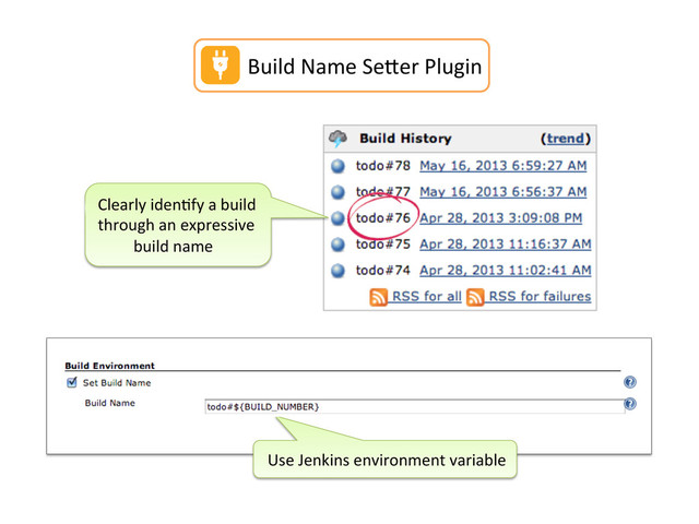 Use	  Jenkins	  environment	  variable	  
Clearly	  iden,fy	  a	  build	  
through	  an	  expressive	  
	  	  	  	  	  	  	  	  	  build	  name	  
Build	  Name	  SeFer	  Plugin	  
