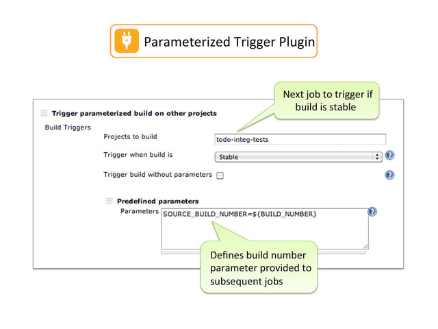 Next	  job	  to	  trigger	  if	  
	  	  	  	  	  build	  is	  stable	  
Deﬁnes	  build	  number	  
parameter	  provided	  to	  
subsequent	  jobs	  
Parameterized	  Trigger	  Plugin	  
