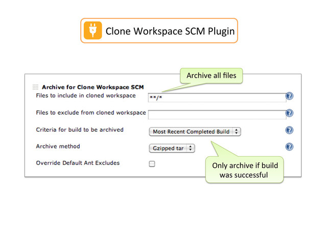 Archive	  all	  ﬁles	  
Only	  archive	  if	  build	  
	  	  	  	  was	  successful	  
Clone	  Workspace	  SCM	  Plugin	  
