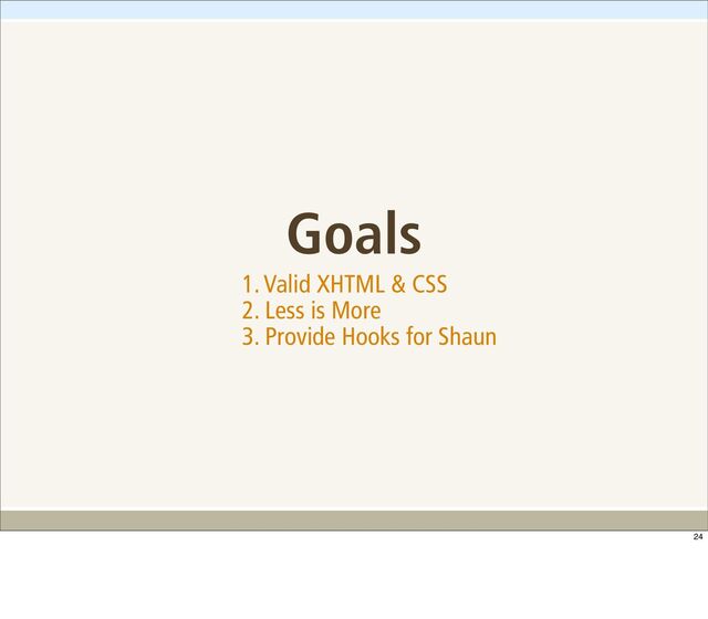 Goals
1. Valid XHTML & CSS
2. Less is More
3. Provide Hooks for Shaun
24
