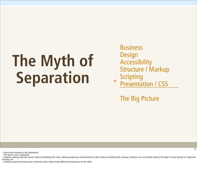 The Myth of
Separation
Business
Design
Accessibility
Structure / Markup
Scripting
Presentation / CSS
The Big Picture
+
_________________
4
- Good clean markup is the foundation.
- The layers aren’t separated.
- Imagine redoing only the visuals without modifying the code, adding progressive enhancement scripts without modifying the markup, making a site accessible without the help of visual design or improved
markup, etc.
- Getting experienced specialists involved sooner helps bring different perspectives to the table.
