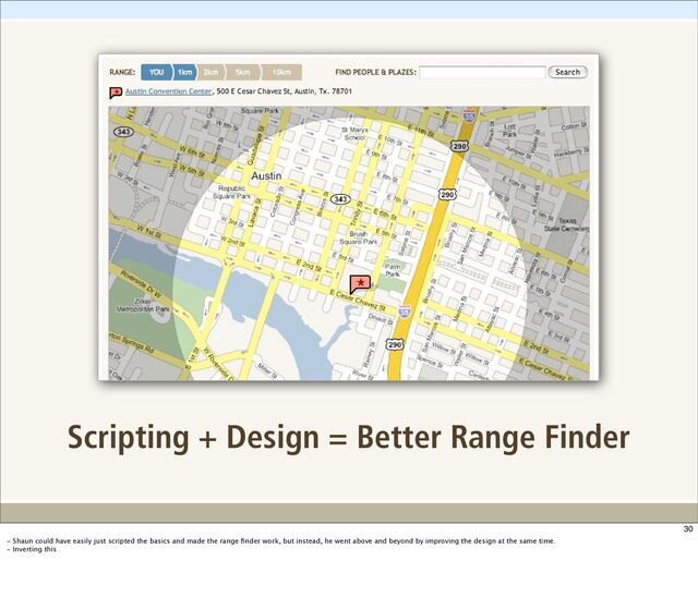 Scripting + Design = Better Range Finder
30
- Shaun could have easily just scripted the basics and made the range ﬁnder work, but instead, he went above and beyond by improving the design at the same time.
- Inverting this
