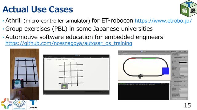 Actual Use Cases
• Athrill (micro-controller simulator) for ET-robocon https://www.etrobo.jp/
• Group exercises (PBL) in some Japanese universities
• Automotive software education for embedded engineers
https://github.com/ncesnagoya/autosar_os_training
15
