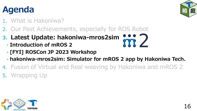 Agenda
1. What is Hakoniwa?
2. Our Past Achievements, especially for ROS Robot
3. Latest Update: hakoniwa-mros2sim
• Introduction of mROS 2
• [FYI] ROSCon JP 2023 Workshop
• hakoniwa-mros2sim: Simulator for mROS 2 app by Hakoniwa Tech.
4. Fusion of Virtual and Real weaving by Hakoniwa and mROS 2
5. Wrapping Up
16
