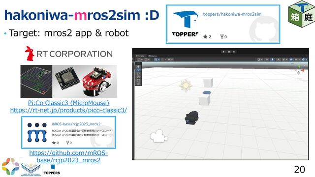 hakoniwa-mros2sim :D
• Target: mros2 app & robot
20
Pi:Co Classic3 (MicroMouse)
https://rt-net.jp/products/pico-classic3/
https://github.com/mROS-
base/rcjp2023_mros2
