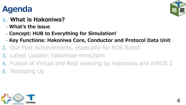 Agenda
1. What is Hakoniwa?
• Whatʼs the issue
• Concept: HUB to Everything for Simulation!
• Key Functions: Hakoniwa Core, Conductor and Protocol Data Unit
2. Our Past Achievements, especially for ROS Robot
3. Latest Update: hakoniwa-mros2sim
4. Fusion of Virtual and Real weaving by Hakoniwa and mROS 2
5. Wrapping Up
4

