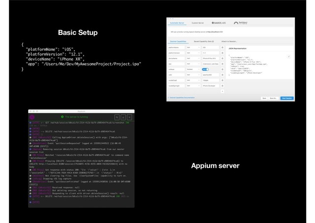 {
"platformName": "iOS",
"platformVersion": "12.1",
"deviceName": "iPhone XR",
"app": "/Users/Me/Dev/MyAwesomeProject/Project.ipa"
}
Basic Setup
Appium server
