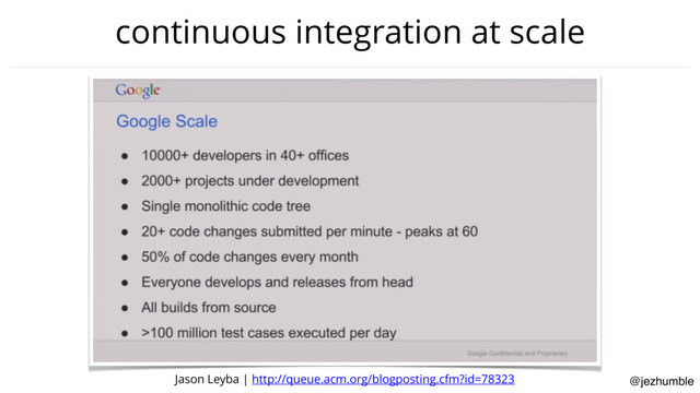 @jezhumble
continuous integration at scale
Jason Leyba | http://queue.acm.org/blogposting.cfm?id=78323
