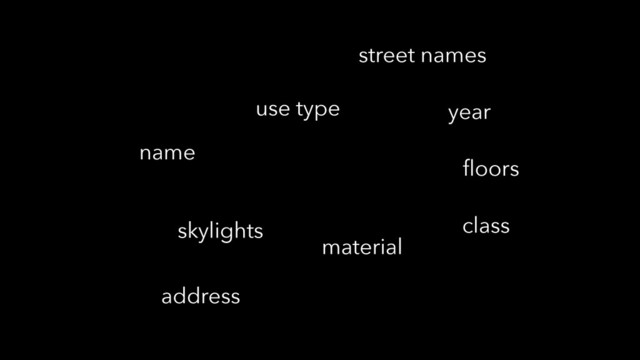 material
use type
street names
address
ﬂoors
name
class
year
skylights
