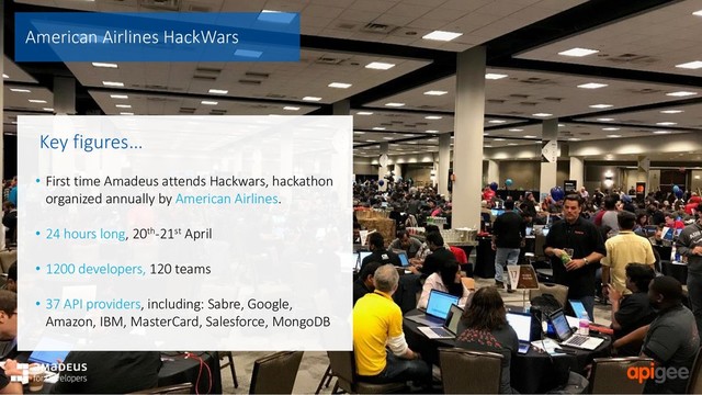 © Amadeus IT Group and its affiliates and subsidiaries
American Airlines HackWars
Key figures…
• First time Amadeus attends Hackwars, hackathon
organized annually by American Airlines.
• 24 hours long, 20th-21st April
• 1200 developers, 120 teams
• 37 API providers, including: Sabre, Google,
Amazon, IBM, MasterCard, Salesforce, MongoDB
