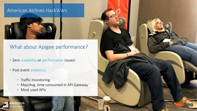 American Airlines HackWars
What about Apigee performance?
• Zero scalability or performance issues!
• Post event analytics:
• Traffic monitoring
• Max/Avg. time consumed in API Gateway
• Most used APIs
