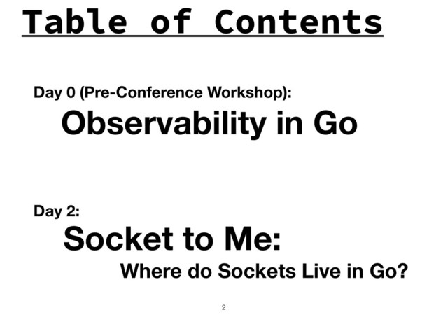 Table of Contents
!2
Observability in Go
Socket to Me:
Where do Sockets Live in Go?
Day 0 (Pre-Conference Workshop):
Day 2:
