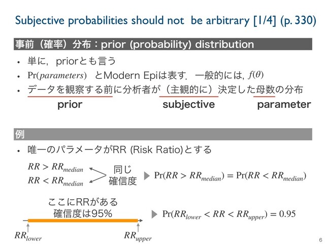 Subjective probabilities should not be arbitrary [1/4] (p. 330)
6
ࣄલʢ֬཰ʣ෼෍ɿQSJPS QSPCBCJMJUZ
EJTUSJCVUJPO
w ୯ʹɼQSJPSͱ΋ݴ͏
w ɹɹɹɹɹɹɹͱ.PEFSO&QJ͸ද͢ɽҰൠతʹ͸ɼ
w σʔλΛ؍࡯͢Δલʹ෼ੳऀ͕ʢओ؍తʹʣܾఆͨ͠฼਺ͷ෼෍
QSJPS TVCKFDUJWF QBSBNFUFS
ྫ
w །Ұͷύϥϝʔλ͕33 3JTL3BUJP
ͱ͢Δ
RR > RRmedian
RR < RRmedian
ಉ͡
֬৴౓
Pr(RR > RRmedian
) = Pr(RR < RRmedian
)
RRlower
RRupper
͜͜ʹ33͕͋Δ
֬৴౓͸ Pr(RRlower
< RR < RRupper
) = 0.95
Pr(parameters) f(θ)
