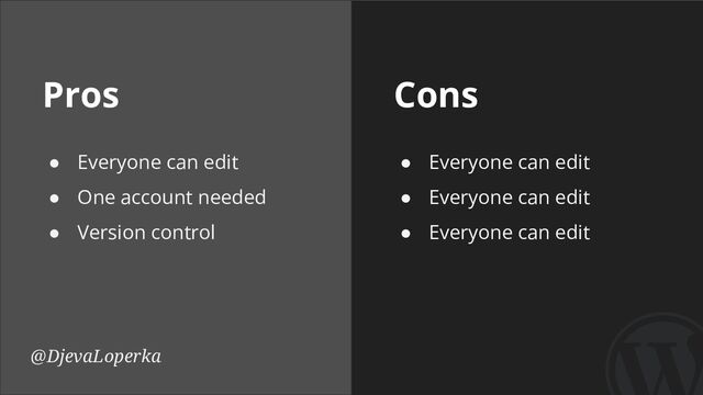 Pros Cons
@DjevaLoperka
● Everyone can edit
● One account needed
● Version control
● Everyone can edit
● Everyone can edit
● Everyone can edit
