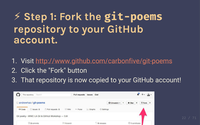 Tonight: We are git
poets!
We are literary archivists, amassing a large collection of
the world's poems.
⚡ Step 1: Fork the git-poems
repository to your GitHub
account.
1. Visit http://www.github.com/carbonfive/git-poems
2. Click the "Fork" button
3. That repository is now copied to your GitHub account!
