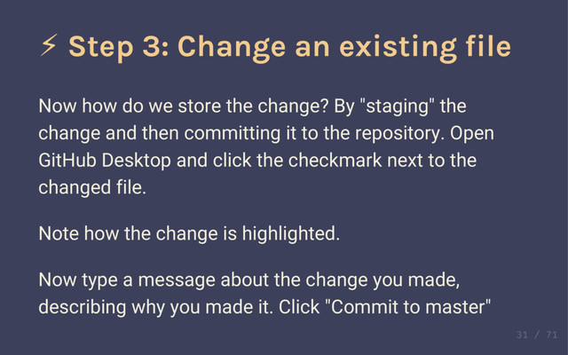 Step 3: Fix a typo
Uh oh, there's a typo here in one of these poems. Can you
find it?
When you've found it, fix it in your text editor. Save the file.
⚡ Step 3: Change an existing file
Now how do we store the change? By "staging" the
change and then committing it to the repository. Open
GitHub Desktop and click the checkmark next to the
changed file.
Note how the change is highlighted.
Now type a message about the change you made,
describing why you made it. Click "Commit to master"

