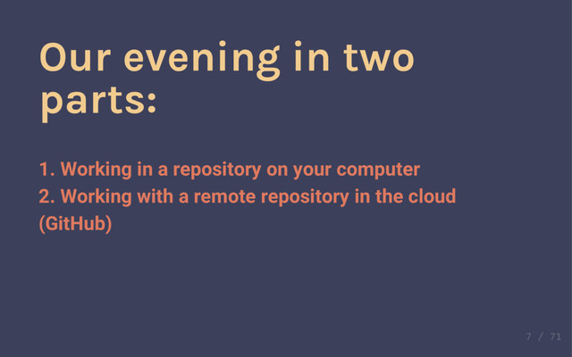 Our evening in two
parts:
1. Working in a repository on your computer
Our evening in two
parts:
1. Working in a repository on your computer
2. Working with a remote repository in the cloud
(GitHub)
