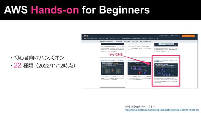 AWS Hands-on for Beginners
・初⼼者向けハンズオン
・22 種類（2022/11/12時点）
https://aws.amazon.com/jp/aws-jp-introduction/aws-jp-webinar-hands-on/
"84ॳ৺ऀ޲͚ϋϯζΦϯ
