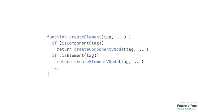 Future of Vue
@znck0
JSFoo: VueDay 2019
Rahul Kadyan
Child Type Detection
function createElement(tag, ...) {
if (isComponent(tag))
return createComponentVNode(tag, ...)
if (isElement(tag))
return createElementVNode(tag, ...)
...
}
