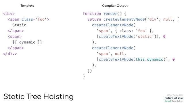 Future of Vue
@znck0
JSFoo: VueDay 2019
Rahul Kadyan
<div>
<span class="foo">
Static
</span>
<span>
{{ dynamic }}
</span>
</div>
Template
function render() {
return createElementVNode('div', null, [
createElementVNode(
'span', { class: 'foo' },
[createTextVNode('static')], 0
),
createElementVNode(
'span', null,
[createTextVNode(this.dynamic)], 0
),
])
}
Compiler Output
Static Tree Hoisting
