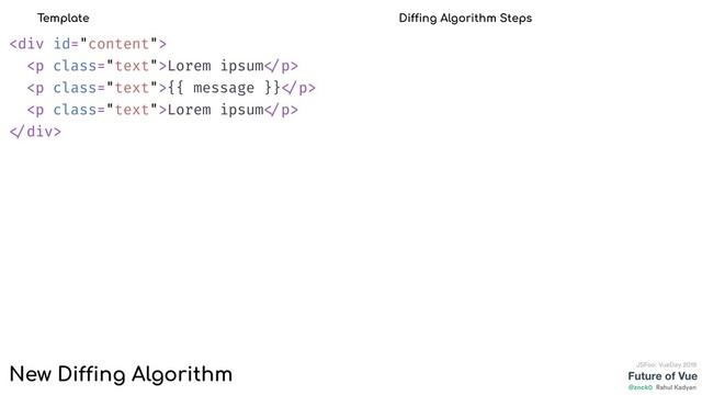 Future of Vue
@znck0
JSFoo: VueDay 2019
Rahul Kadyan
<div>
<p class="text">Lorem ipsum </p>
<p class="text">{{ message }} </p>
<p class="text">Lorem ipsum </p>
</div>
Template Diffing Algorithm Steps
New Diffing Algorithm
