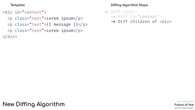Future of Vue
@znck0
JSFoo: VueDay 2019
Rahul Kadyan
-> Diff <div>
-> Diff id="content"
-> Diff children of <div>
<div>
<p class="text">Lorem ipsum </p>
<p class="text">{{ message }} </p>
<p class="text">Lorem ipsum </p>
</div>
Template Diffing Algorithm Steps
New Diffing Algorithm
</div>
</div>