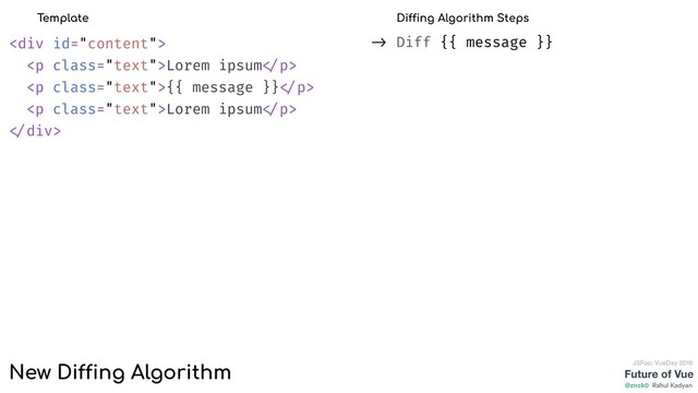 Future of Vue
@znck0
JSFoo: VueDay 2019
Rahul Kadyan
-> Diff {{ message }}
<div>
<p class="text">Lorem ipsum </p>
<p class="text">{{ message }} </p>
<p class="text">Lorem ipsum </p>
</div>
Template Diffing Algorithm Steps
New Diffing Algorithm
