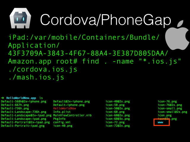 Cordova/PhoneGap
iPad:/var/mobile/Containers/Bundle/
Application/
43F3709A-3843-4F67-88A4-3E387D805DAA/
Amazon.app root# find . -name "*.ios.js"
./cordova.ios.js
./mash.ios.js
