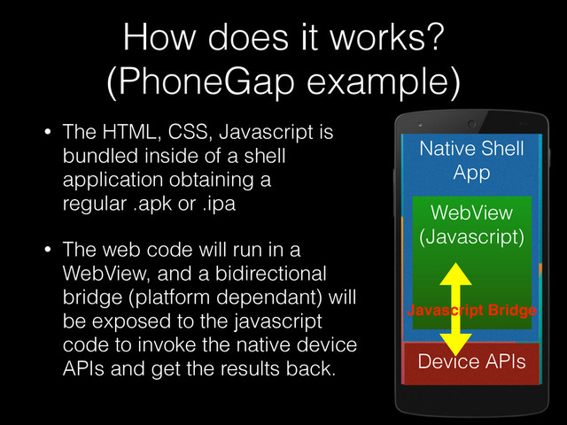 How does it works?
(PhoneGap example)
• The HTML, CSS, Javascript is
bundled inside of a shell
application obtaining a
regular .apk or .ipa
• The web code will run in a
WebView, and a bidirectional
bridge (platform dependant) will
be exposed to the javascript
code to invoke the native device
APIs and get the results back.
Native Shell
App
Device APIs
WebView
(Javascript)
Javascript Bridge
